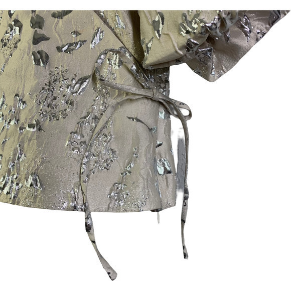 JONATHAN SIMKHAI Taylor Metallic Champagne Matelassé Puff Sleeve Wrap Top - NWT - Picture 6 of 11